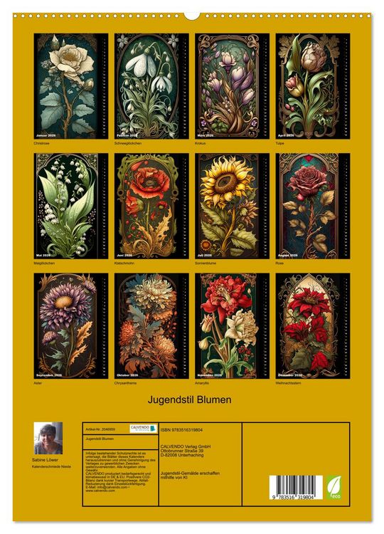 Produktbild: Jugendstil Blumen (hochwertiger Premium Wandkalender 2026 DIN A2 hoch), Kunstdruck in Hochglanz