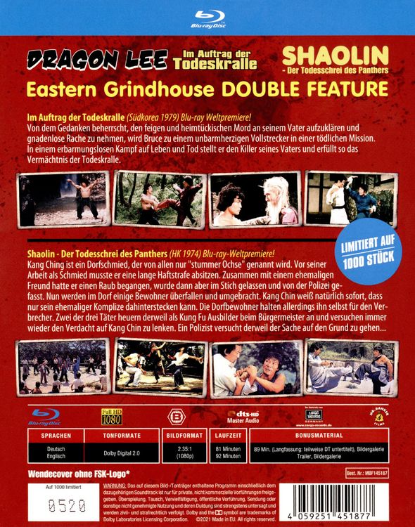 Produktbild: Shaolin - Der Todesschrei des Panthers/Bruce Lee - Im Auftrag der Todeskralle - Eastern Grindhouse Double Feature Vol. 1 - Limitiert auf 1000 St&uuml;ck