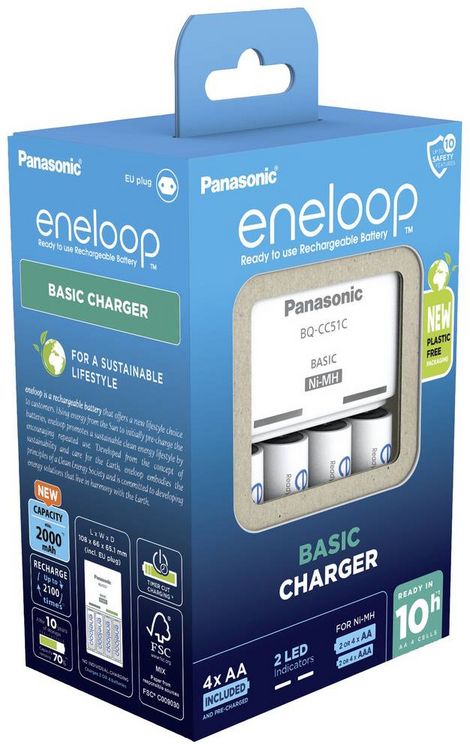Produktbild: Panasonic Basic BQ-CC51 + 4x eneloop AA Steckerladerger&auml;t NiMH Micro (AAA), Mignon (AA)