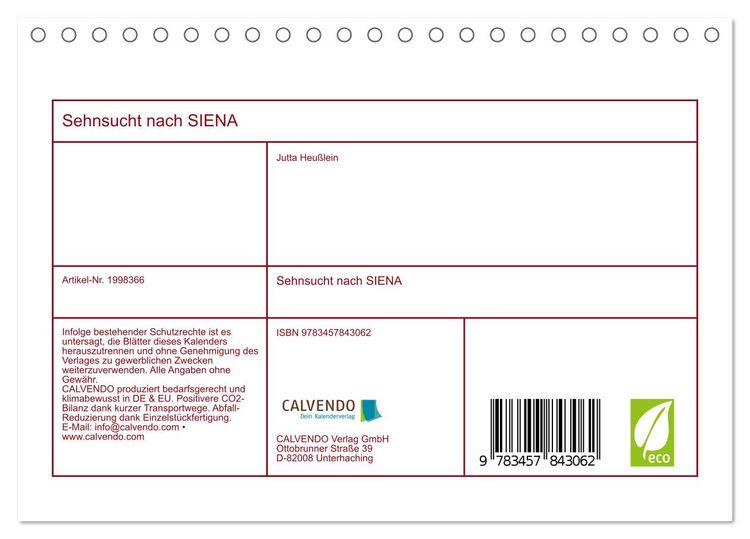 Produktbild: Sehnsucht nach SIENA (Tischkalender 2026 DIN A5 quer), CALVENDO Monatskalender