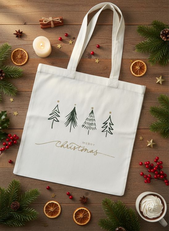 Produktbild: Baumwollbeutel "Merry Christmas" mit Tannenb&auml;umen