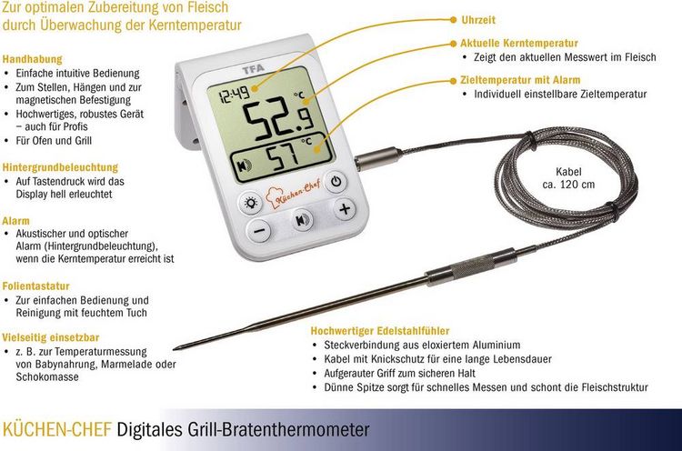 Produktbild: TFA Dostmann 14.1510.02 Grill-Thermometer &Uuml;berwachung der Kerntemperatur, Kabelsensor Braten, Grillgut, Niedergaren