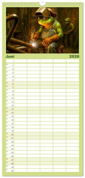 Produktbild: Familienplaner 2026 - Frosch bei der Arbeit- Dienst nach Vorschrift mit 5 Spalten (Wandkalender, 21 x 45 cm) CALVENDO