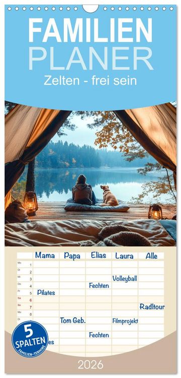 Produktbild: Familienplaner 2026 - Zelten - frei sein mit 5 Spalten (Wandkalender, 21 x 45 cm) CALVENDO