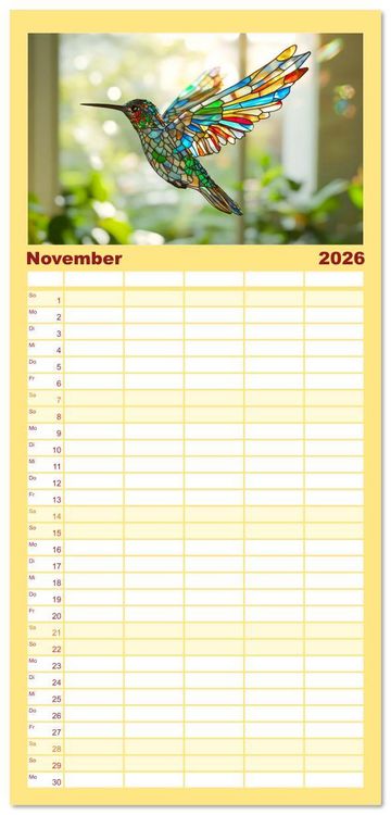 Produktbild: Familienplaner 2026 - Fliegende Kunstwerke - Kolibris mit 5 Spalten (Wandkalender, 21 x 45 cm) CALVENDO