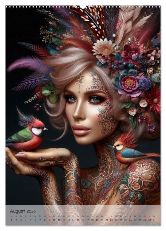Produktbild: Fantasievolle Frauenportr&auml;ts - Bl&uuml;tenzauber und Paradiesv&ouml;gel (hochwertiger Premium Wandkalender 2026 DIN A2 hoch), Kunstdruck in Hochglanz