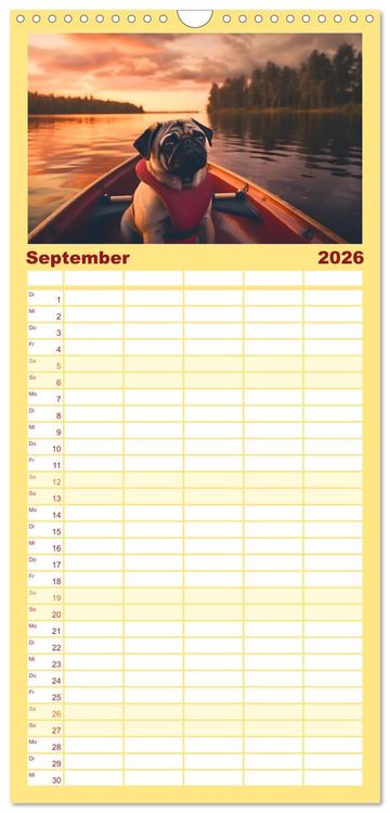Produktbild: Familienplaner 2026 - Kleine Helden - eine Hommage an die Mopsrasse mit 5 Spalten (Wandkalender, 21 x 45 cm) CALVENDO