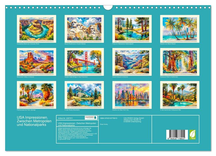 Produktbild: USA Impressionen. Zwischen Metropolen und Nationalparks (Wandkalender 2027 DIN A3 quer), CALVENDO Monatskalender