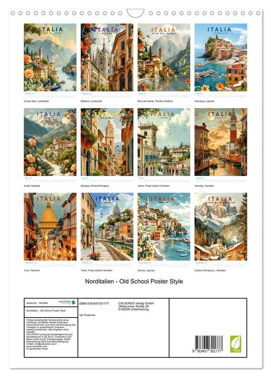 Produktbild: Norditalien - Old School Poster Style (Wandkalender 2026 DIN A3 hoch), CALVENDO Monatskalender