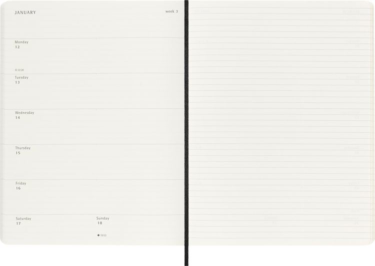 Moleskine 18 Monate Wochenkalender 2025/2026, XL, 1 Wo = 1 Seite, Rechts Linierte Seite, Weicher Einband, Schwarz