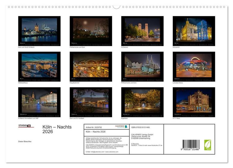 Produktbild: K&ouml;ln &ndash; Nachts 2026 (hochwertiger Premium Wandkalender 2026 DIN A2 quer), Kunstdruck in Hochglanz