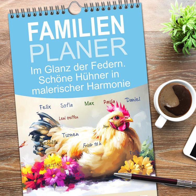 Produktbild: Familienplaner 2026 - Im Glanz der Federn. Sch&ouml;ne H&uuml;hner in malerischer Harmonie mit 5 Spalten (Wandkalender, 21 x 45 cm) CALVENDO