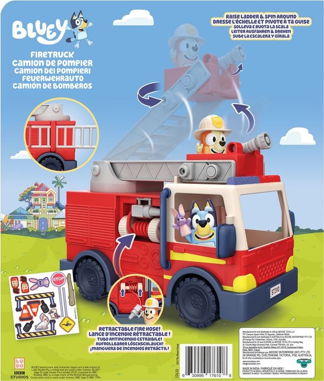 Produktbild: Moose Toys 300292 - BLUEY Feuerwehr mit Bingo & Bluey Figuren, ausrollbarer Schlauch & abnehmbare Leiter