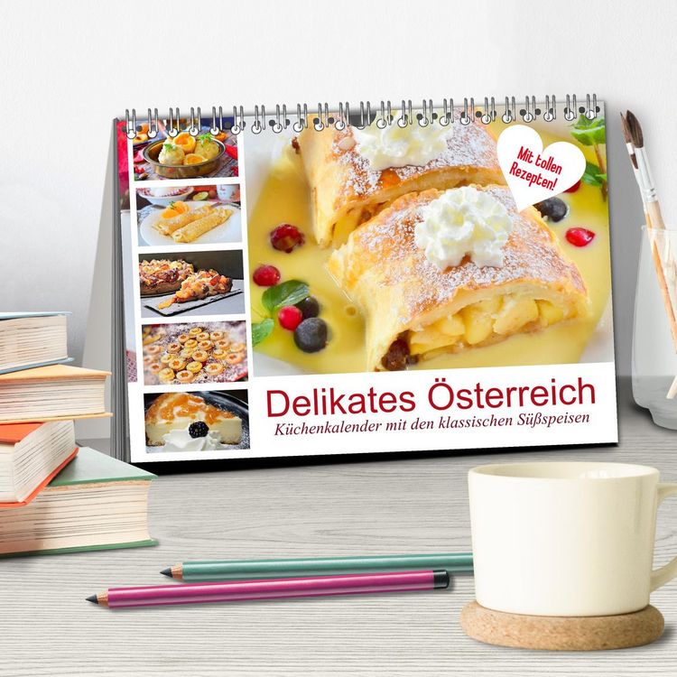 Produktbild: Delikates &Ouml;sterreich. K&uuml;chenkalender mit den klassischen S&uuml;&szlig;speisen (Tischkalender 2026 DIN A5 quer), CALVENDO Monatskalender