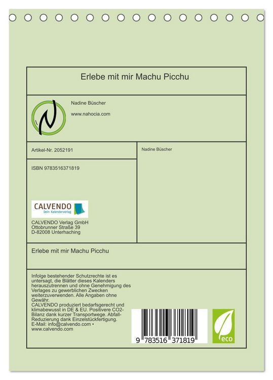 Produktbild: Erlebe mit mir Machu Picchu (Tischkalender 2026 DIN A5 hoch), CALVENDO Monatskalender