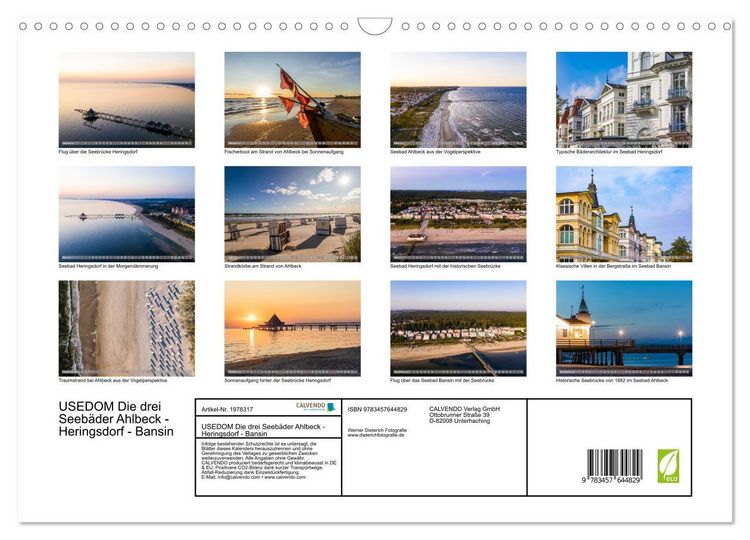 Produktbild: USEDOM Die drei Seeb&auml;der Ahlbeck - Heringsdorf - Bansin (Wandkalender 2026 DIN A3 quer), CALVENDO Monatskalender