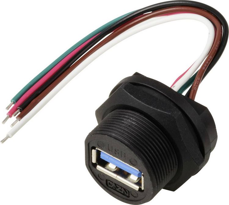 Produktbild: USB 2.0-Buchse f&uuml;r die r&uuml;ckseitige Montage mit Draht IP67 (Gewinde) Kabel 0,1m TC-E13T-FU2-PWF-0.1PV Wasserdichtes