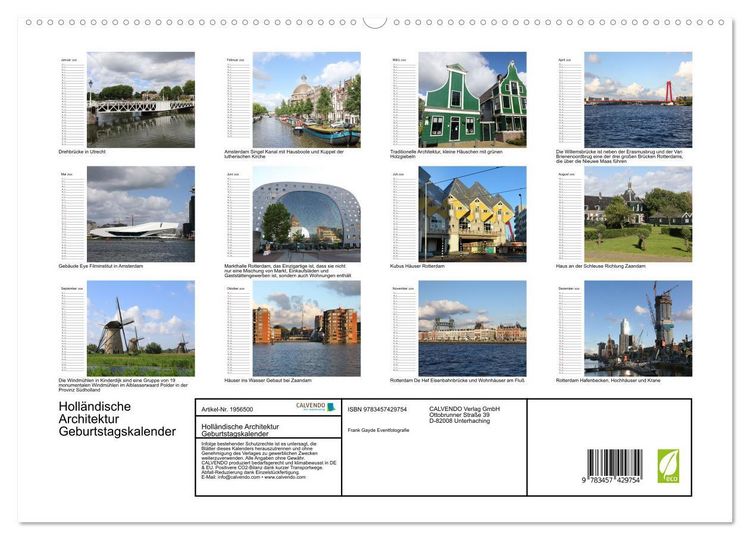 Produktbild: Holl&auml;ndische Architektur Geburtstagskalender (hochwertiger Premium Wandkalender 2026 DIN A2 quer), Kunstdruck in Hochglanz