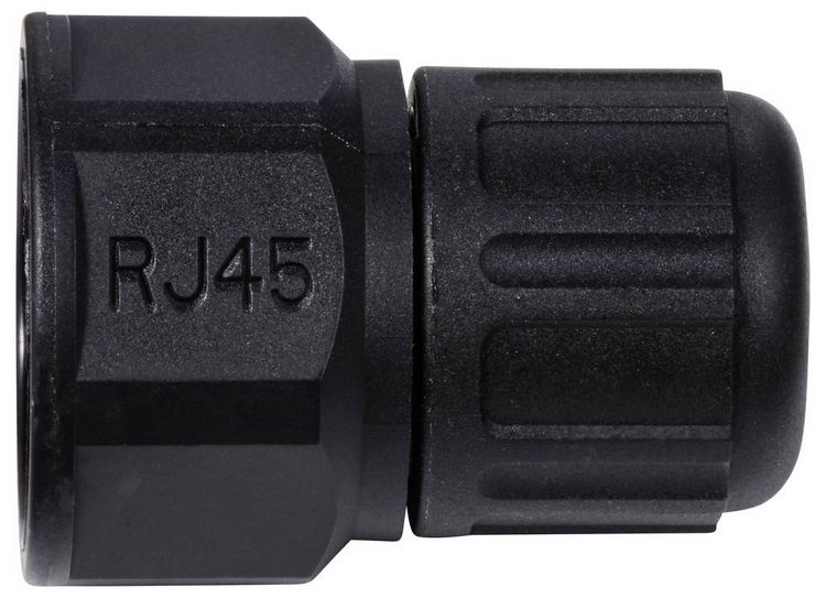 Produktbild: TRU COMPONENTS TC-E13T-MRJ-PRA06 Gerader RJ45-Kunststoffstecker IP67 (mit Gewinde) TC-13543624 Schwarz 1 St.