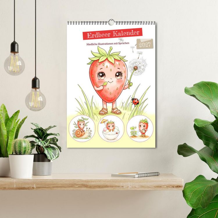 Produktbild: Erdbeer Kalender - Niedliche Illustrationen mit Spr&uuml;chen (Wandkalender 2027 DIN A3 hoch), CALVENDO Monatskalender