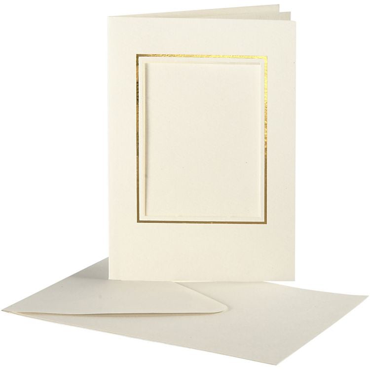 Produktbild: Creativ Company Passepartout-Karten mit Kuvert, Rechteckiger , Ausschnitt m Goldkante, Kartengr&ouml;&szlig;e 10,5x15cm, Umschlaggr&ouml;&szlig;e 11,5x16,5 cm, Naturwei&szlig;, 10er Set