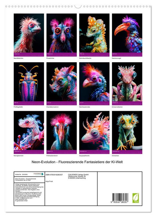 Produktbild: Neon-Evolution - Fluoreszierende Fantasietiere der KI-Welt (hochwertiger Premium Wandkalender 2026 DIN A2 hoch), Kunstdruck in Hochglanz