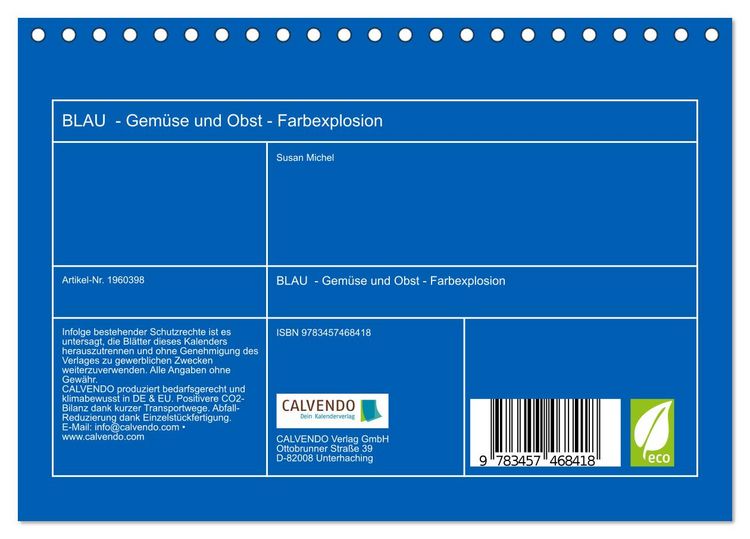 Produktbild: BLAU - Gem&uuml;se und Obst - Farbexplosion (Tischkalender 2026 DIN A5 quer), CALVENDO Monatskalender