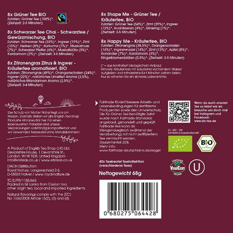 Produktbild: BIO Tee Kollektion "Wellbeing Favourites", Ayurveda Tee Geschenk Set zum Wohlf&uuml;hlen, 5 Sorten, 40 Teebeutel