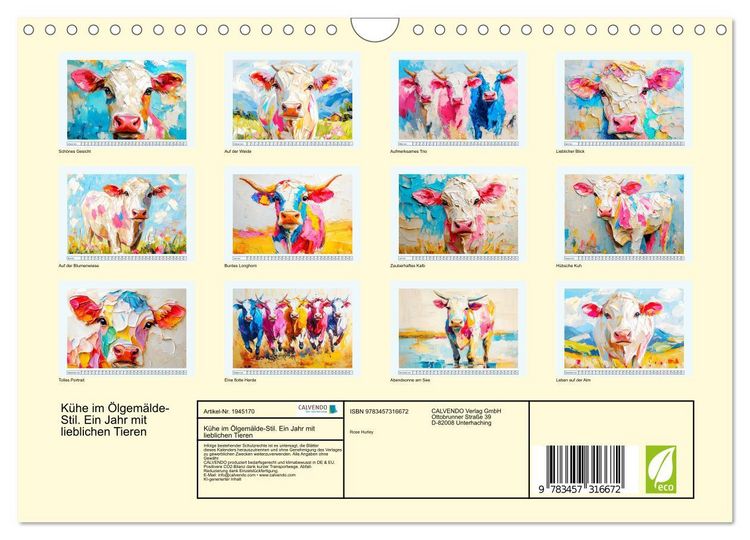 Produktbild: K&uuml;he im &Ouml;lgem&auml;lde-Stil. Ein Jahr mit lieblichen Tieren (Wandkalender 2026 DIN A4 quer), CALVENDO Monatskalender