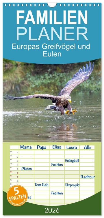 Produktbild: Familienplaner 2026 - Europas Greifv&ouml;gel und Eulen mit 5 Spalten (Wandkalender, 21 x 45 cm) CALVENDO
