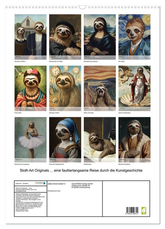 Produktbild: Sloth Art Originals ... eine faultierlangsame Reise durch die Kunstgeschichte (Wandkalender 2026 DIN A2 hoch), CALVENDO Monatskalender