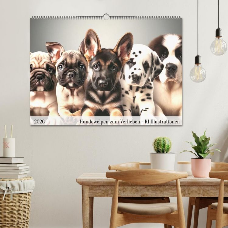 Produktbild: Hundewelpen zum Verlieben - KI Illustrationen (Wandkalender 2026 DIN A2 quer), CALVENDO Monatskalender
