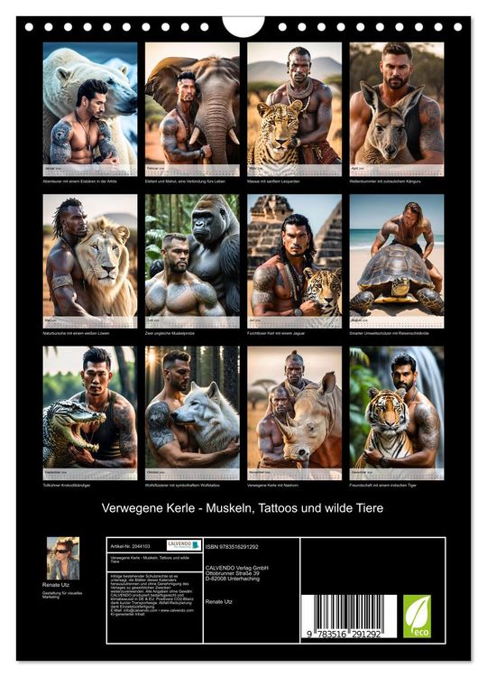 Produktbild: Verwegene Kerle - Muskeln, Tattoos und wilde Tiere (Wandkalender 2026 DIN A4 hoch), CALVENDO Monatskalender