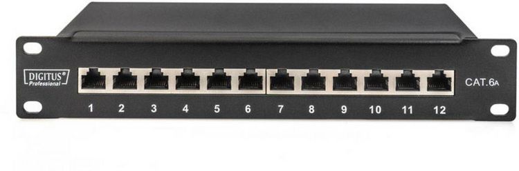 Produktbild: Digitus DN-91612S-EA 12 Port Netzwerk-Patchpanel 254mm (10\") CAT 6a 1 HE Best&uuml;ckt