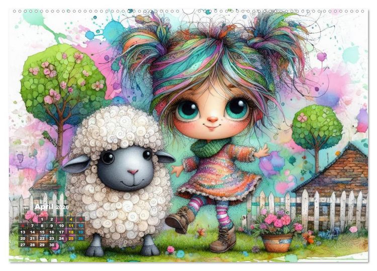 Produktbild: Kunterbunte Freundschaften - Fr&ouml;hliche M&auml;dchen und ihre tierischen Freunde (hochwertiger Premium Wandkalender 2026 DIN A2 quer), Kunstdruck in Hochglanz