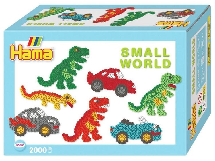 Produktbild: Hama 3502 - B&uuml;gelperlen Midi - Geschenkpackung, kleine Welt Dinosaurier & Auto blau