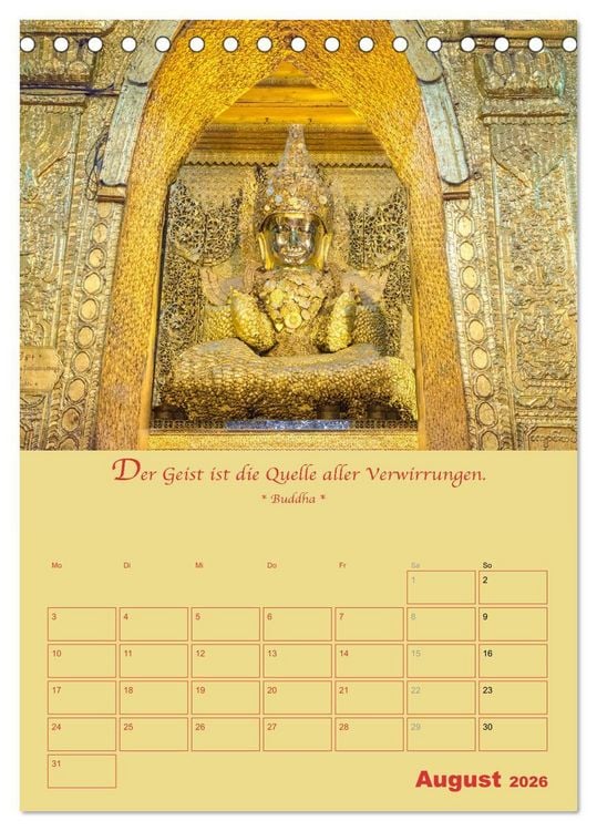 Produktbild: BUDDHA IN GOLD - Mit buddhistischen Spr&uuml;chen (Tischkalender 2026 DIN A5 hoch), CALVENDO Monatskalender