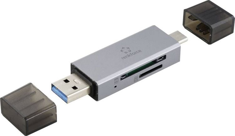 Produktbild: Renkforce RF-PCR-400 Externer Speicherkartenleser USB-A, USB-C&reg; microSD, SD Space Grau