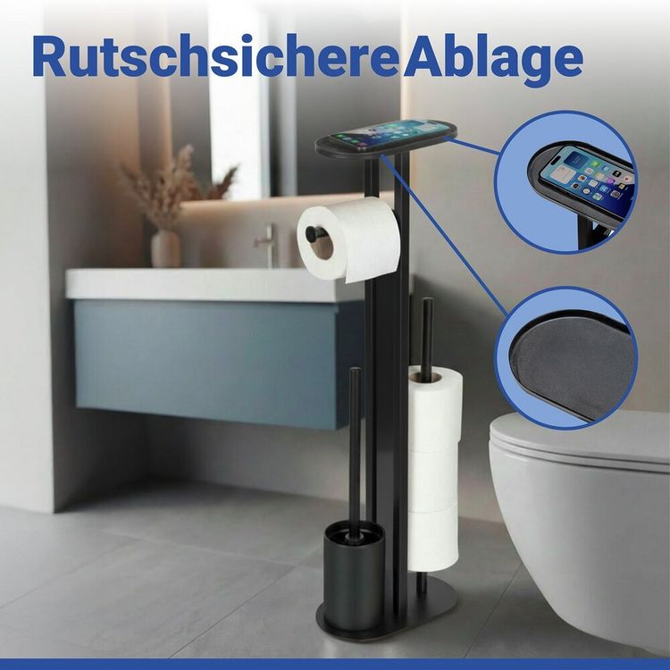 Produktbild: Stand WC-Garnitur Mod. Orea Schwarz, mit Ablagefl&auml;che und Ersatzrollenhalter