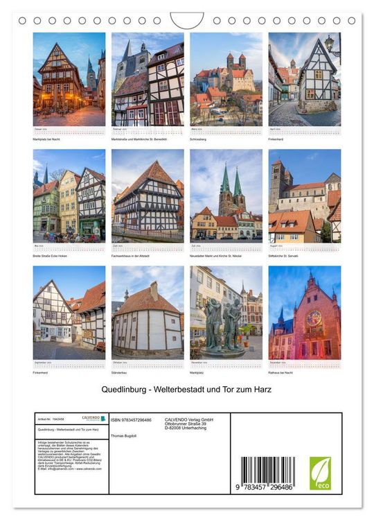 Produktbild: Quedlinburg - Welterbestadt und Tor zum Harz (Wandkalender 2026 DIN A4 hoch), CALVENDO Monatskalender