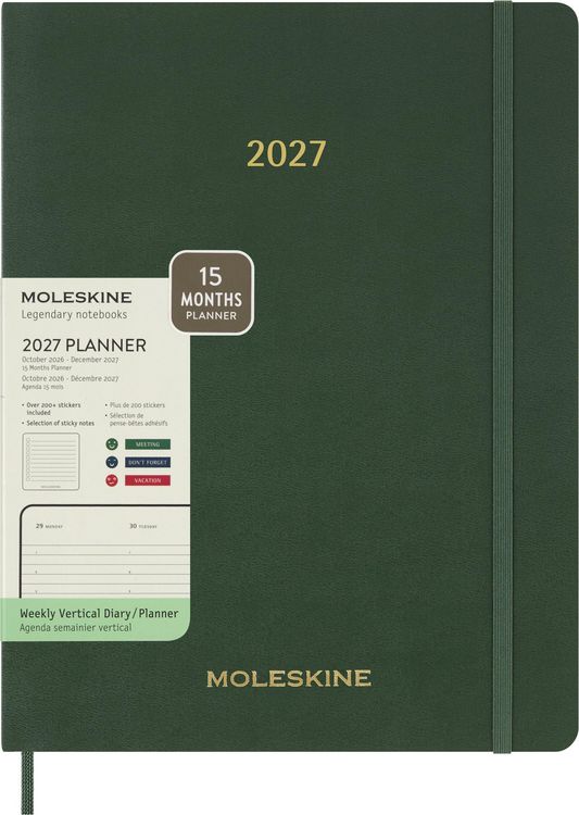 Produktbild: Moleskine 15 Monate Essential Wochenkalender 2026/2027, 1 Wo = 2 Seiten, vertikal, XXL, weicher Einband, Myrtengr&uuml;n