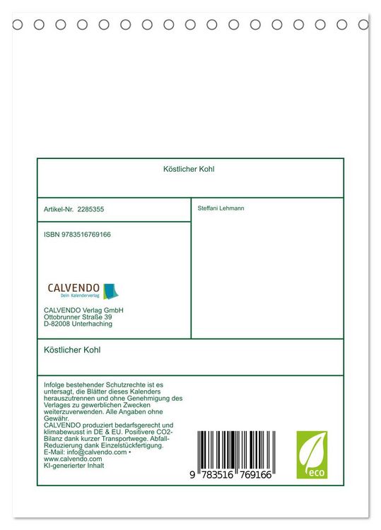 Produktbild: K&ouml;stlicher Kohl (Tischkalender 2027 DIN A5 hoch), CALVENDO Monatskalender