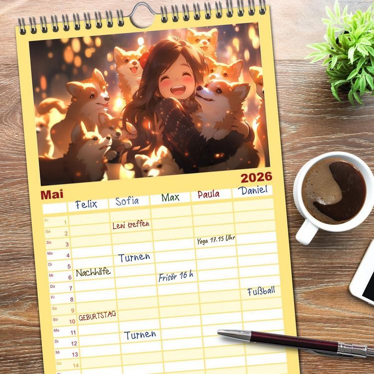 Produktbild: Familienplaner 2026 - Manga Tierliebe mit 5 Spalten (Wandkalender, 21 x 45 cm) CALVENDO