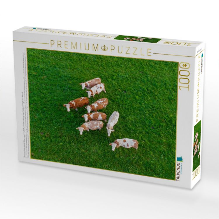 Produktbild: CALVENDO Puzzle Mehrere braun-wei&szlig;e K&uuml;he grasen friedlich auf einer saftig gr&uuml;nen Weide im Allg&auml;u aus der Luft | 1000 Teile Lege-Gr&ouml;&szlig;e 64x48cm Foto-Pu