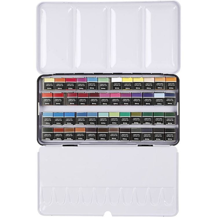 Produktbild: Creativ Company Aquarellk&auml;sten Art Aqua Aquarellfarbe, Standard-Farben, Halbwannen, Gr&ouml;&szlig;e 10x15x20 mm, 48 Farben, Kreativ Box