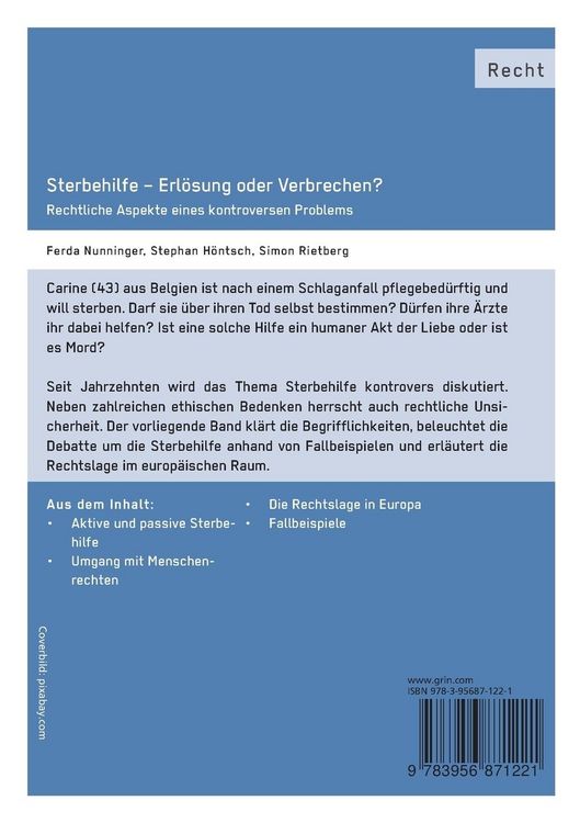 Produktbild: Sterbehilfe - Erl&ouml;sung oder Verbrechen? Rechtliche Aspekte eines kontroversen Problems