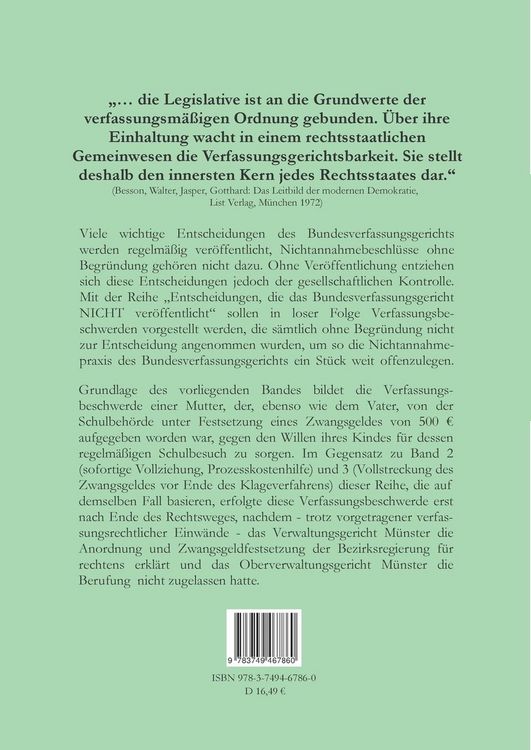Produktbild: Verfassungsbeschwerde gegen Schulbesuchsanordnung und Zwangsgeld f&uuml;r Eltern - zu