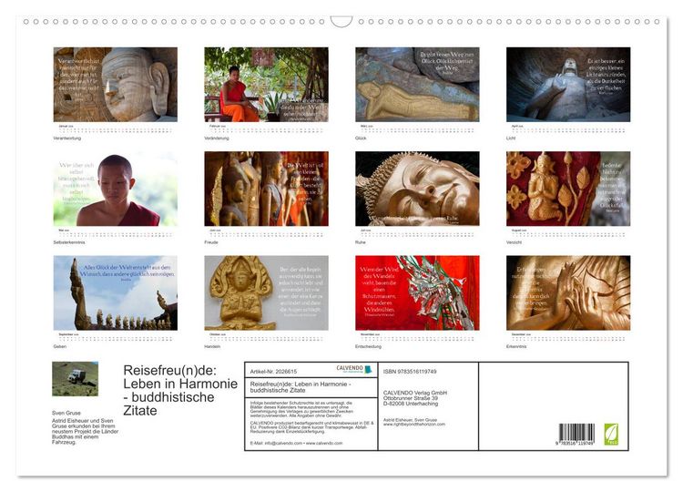 Produktbild: Reisefreu(n)de: Leben in Harmonie - buddhistische Zitate (Wandkalender 2026 DIN A2 quer), CALVENDO Monatskalender