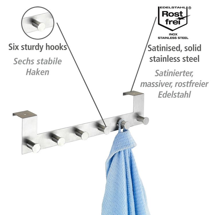Produktbild: T&uuml;rgarderobe Edelstahl Mod. Celano 4 cm, 6 Haken, f&uuml;r T&uuml;rfalzst&auml;rken bis 4 cm
