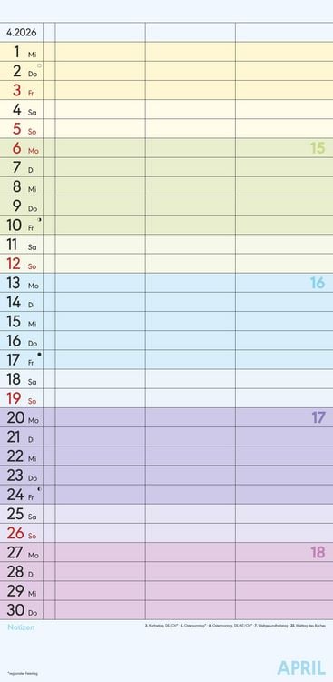 Produktbild: Superplaner Farbenfroh 2026 - Familien-Timer 22x45 cm - mit Ferienterminen - 3 Spalten - Wand-Planer - mit vielen Zusatzinformationen - Alpha Edition